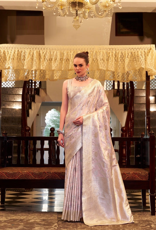 Women Lilac Satin Silk Saree