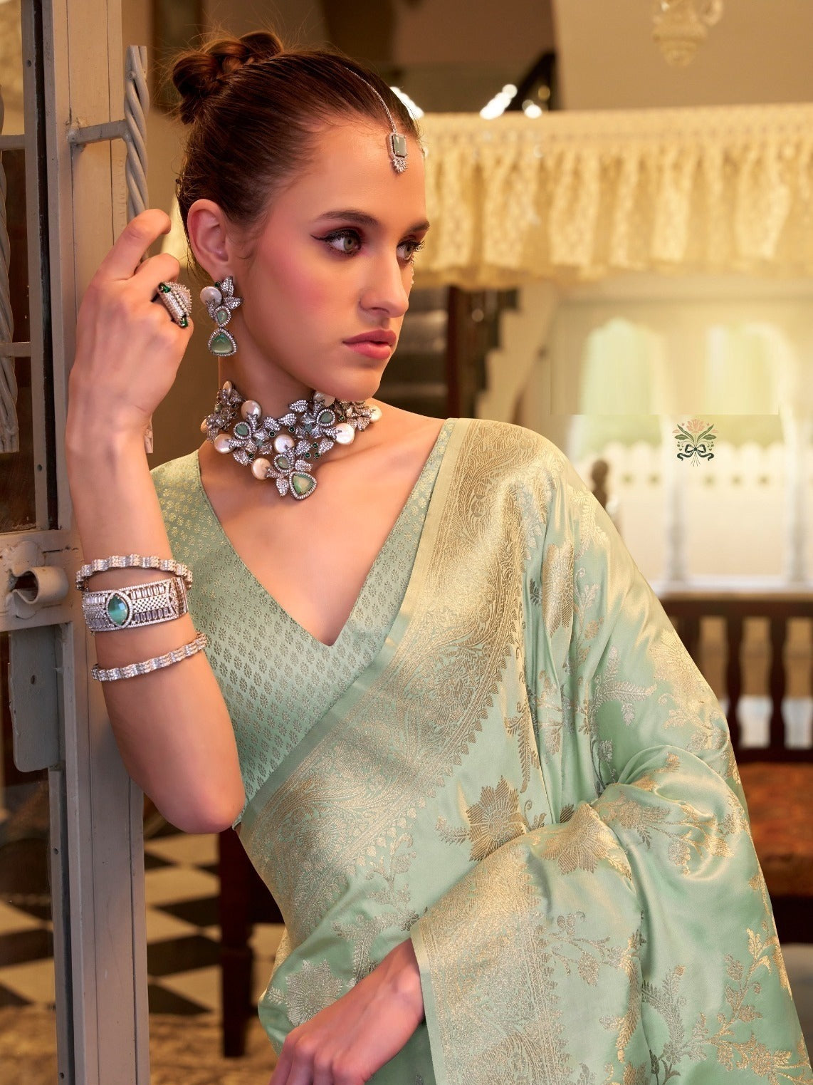 Women Sea Green Satin Silk Saree