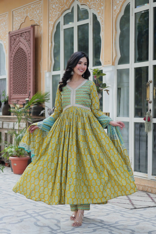 Women Mustard Cotton Anarkali Suit Set