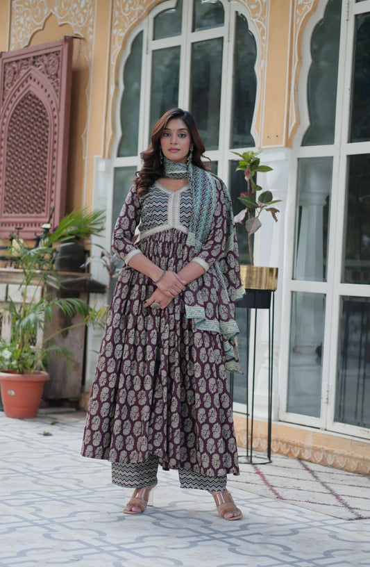 Women Burgundy Cotton Anarkali Suit Set