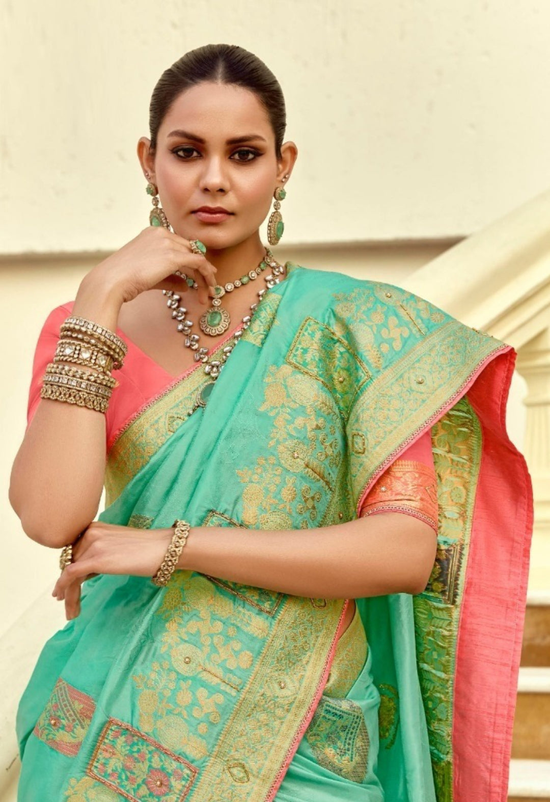 Breathtaking Sea Green And Coral Silk Banarasi Silk Saree