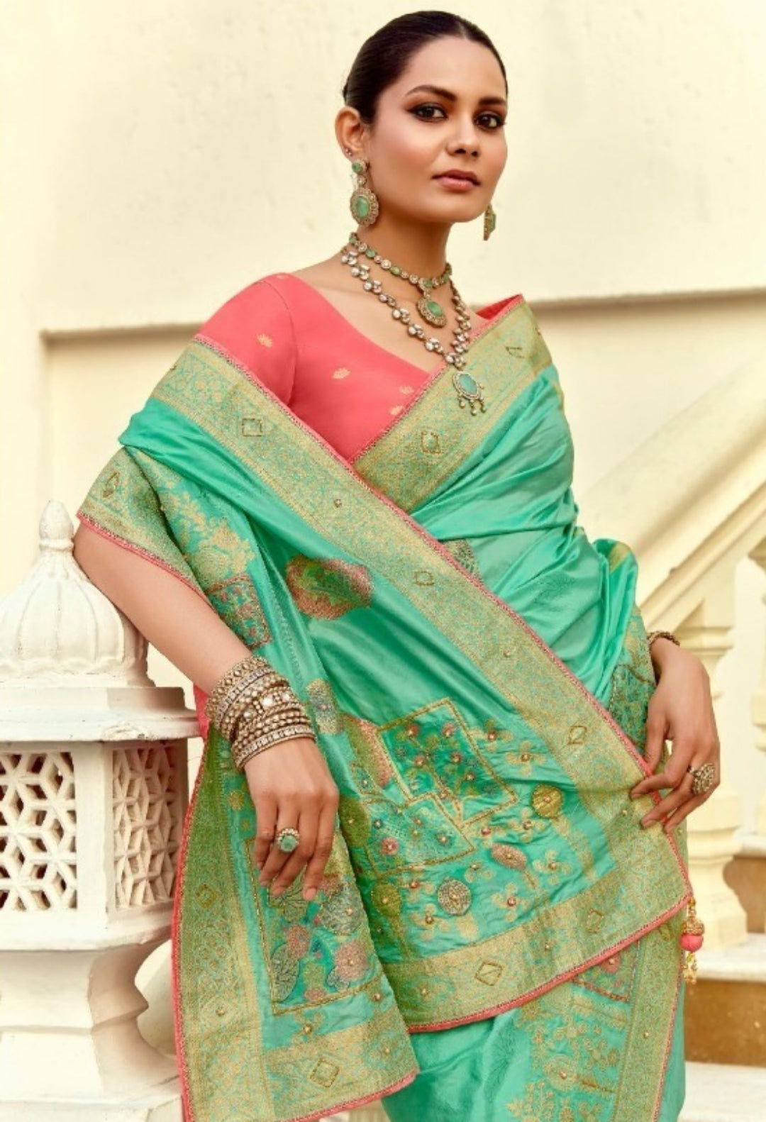 Breathtaking Sea Green And Coral Silk Banarasi Silk Saree