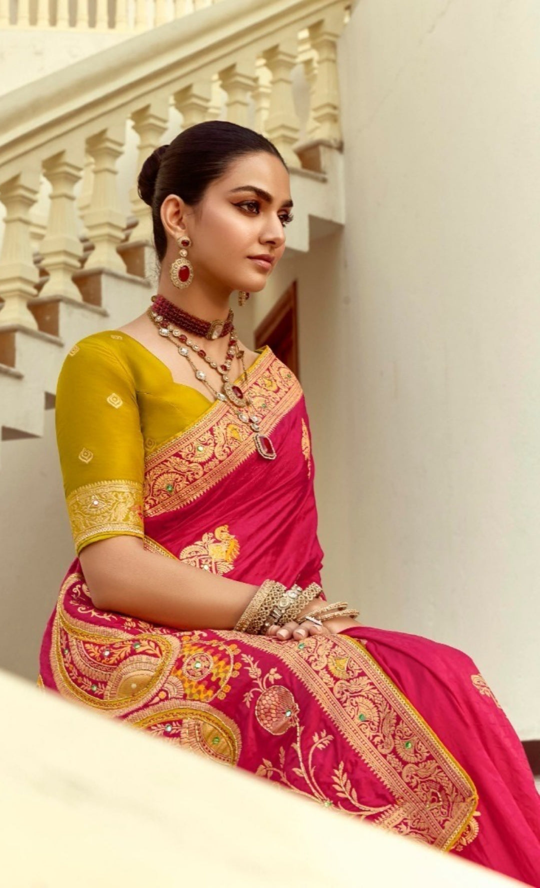 Gleaming Pink And Mustard Silk Banarasi Silk Saree