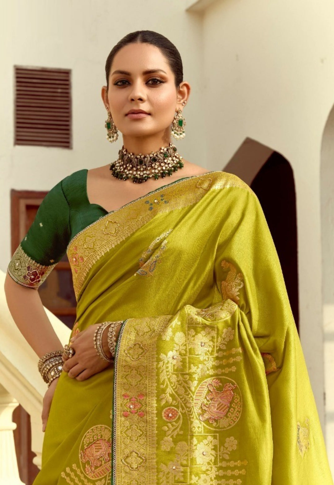 Opalescent Mehendi Green Silk Banarasi Silk Saree