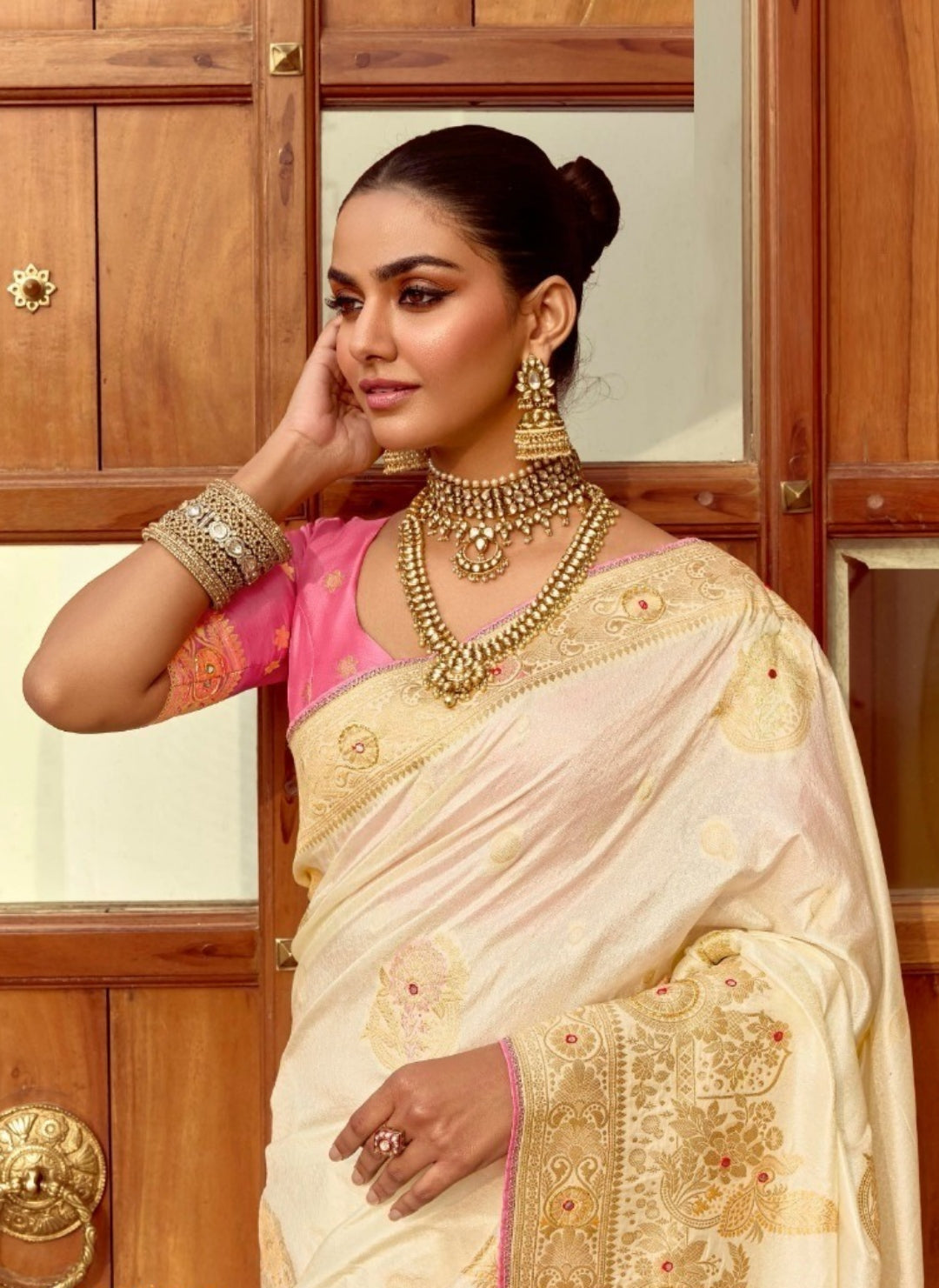 Luxe Cream And Pink Silk Banarasi Silk Saree