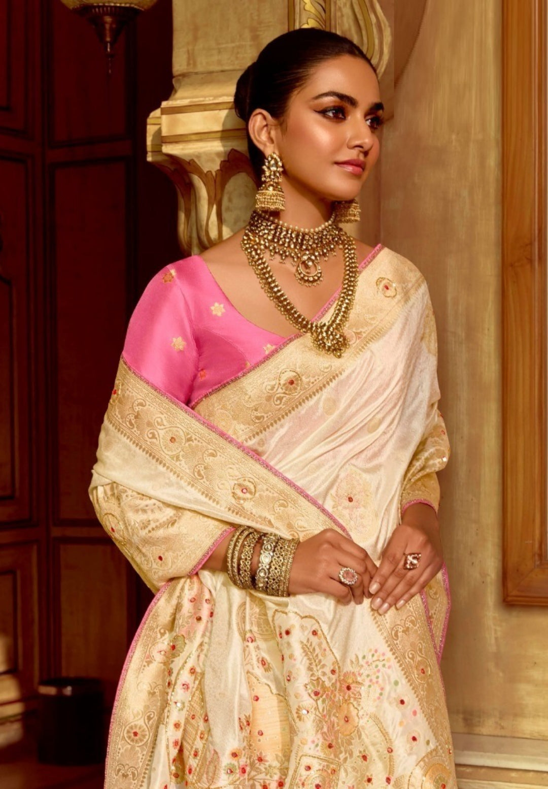 Luxe Cream And Pink Silk Banarasi Silk Saree