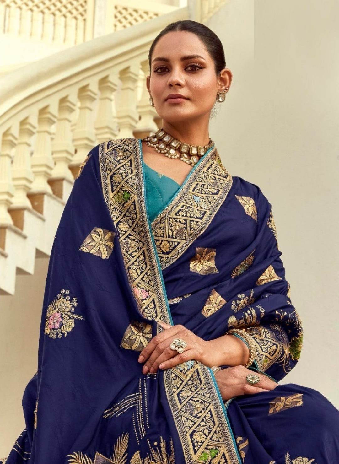 Immaculate Navy Blue Silk Banarasi Silk Saree