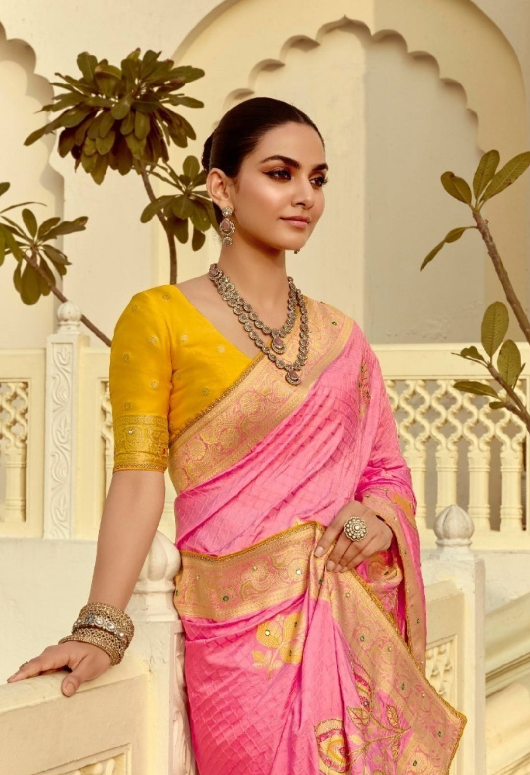 Vivid Pink And Mustard Silk Banarasi Silk Saree