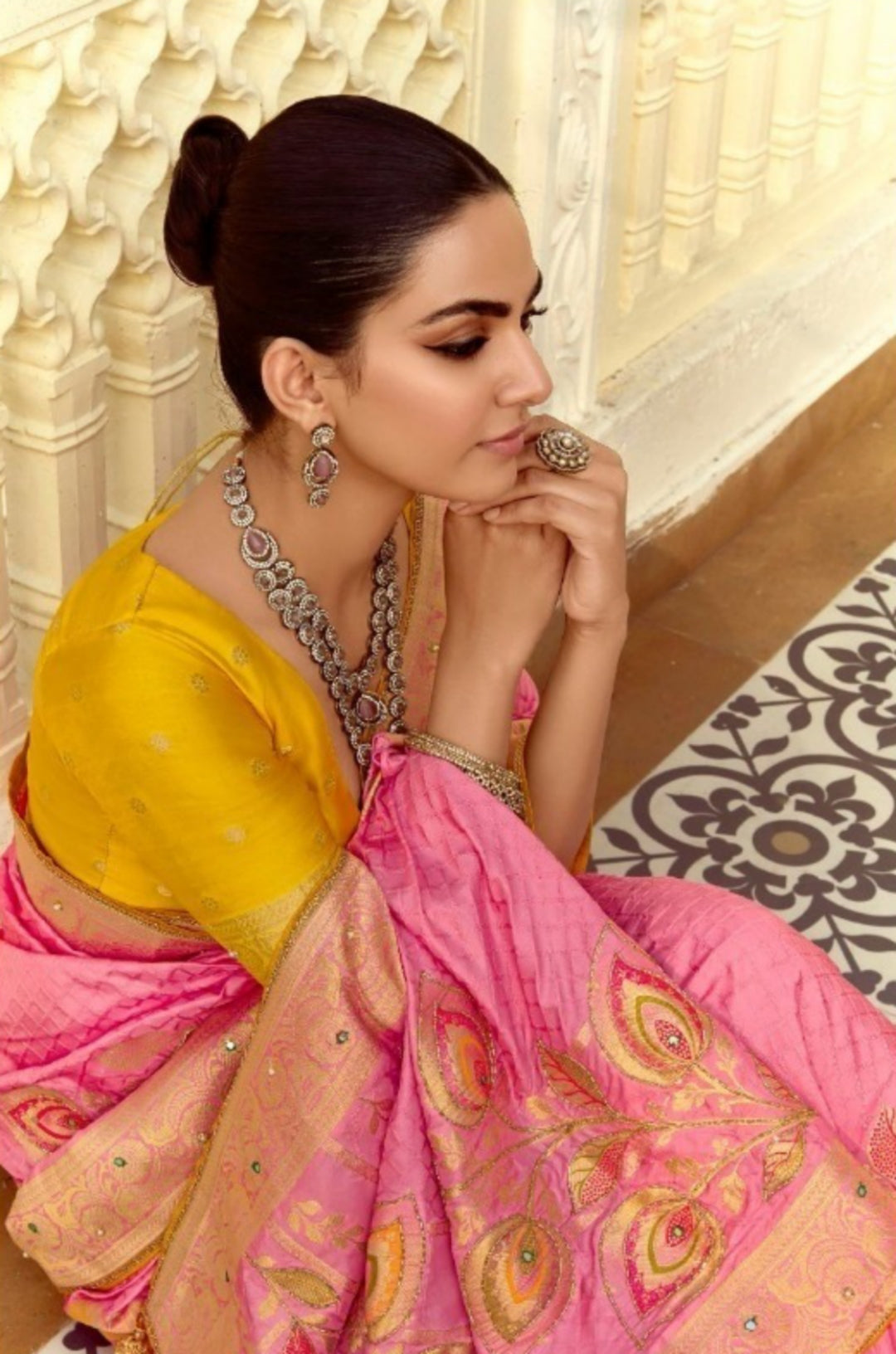 Vivid Pink And Mustard Silk Banarasi Silk Saree