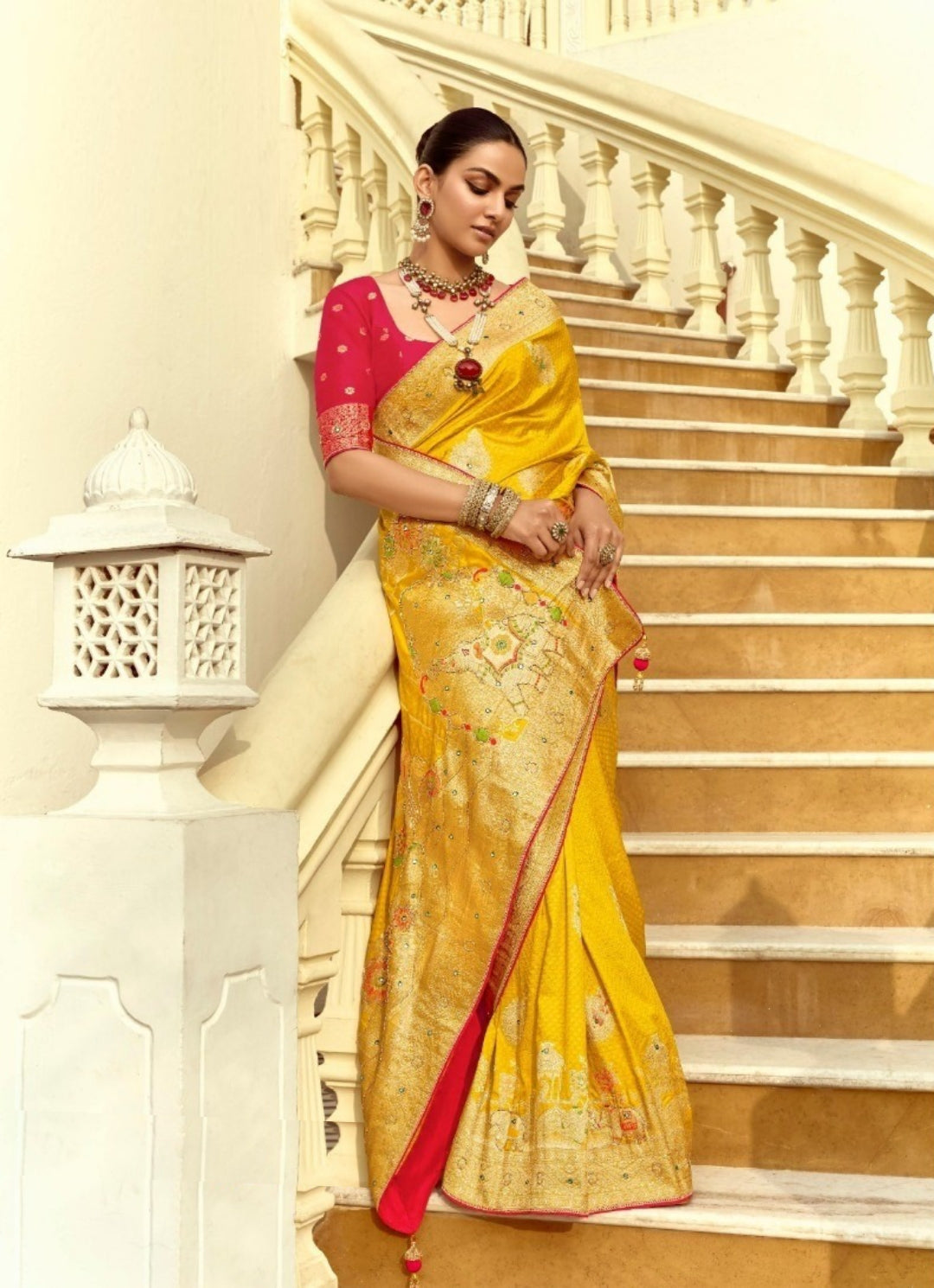 Sculpted Mustard And Pink Silk Banarasi Silk Saree