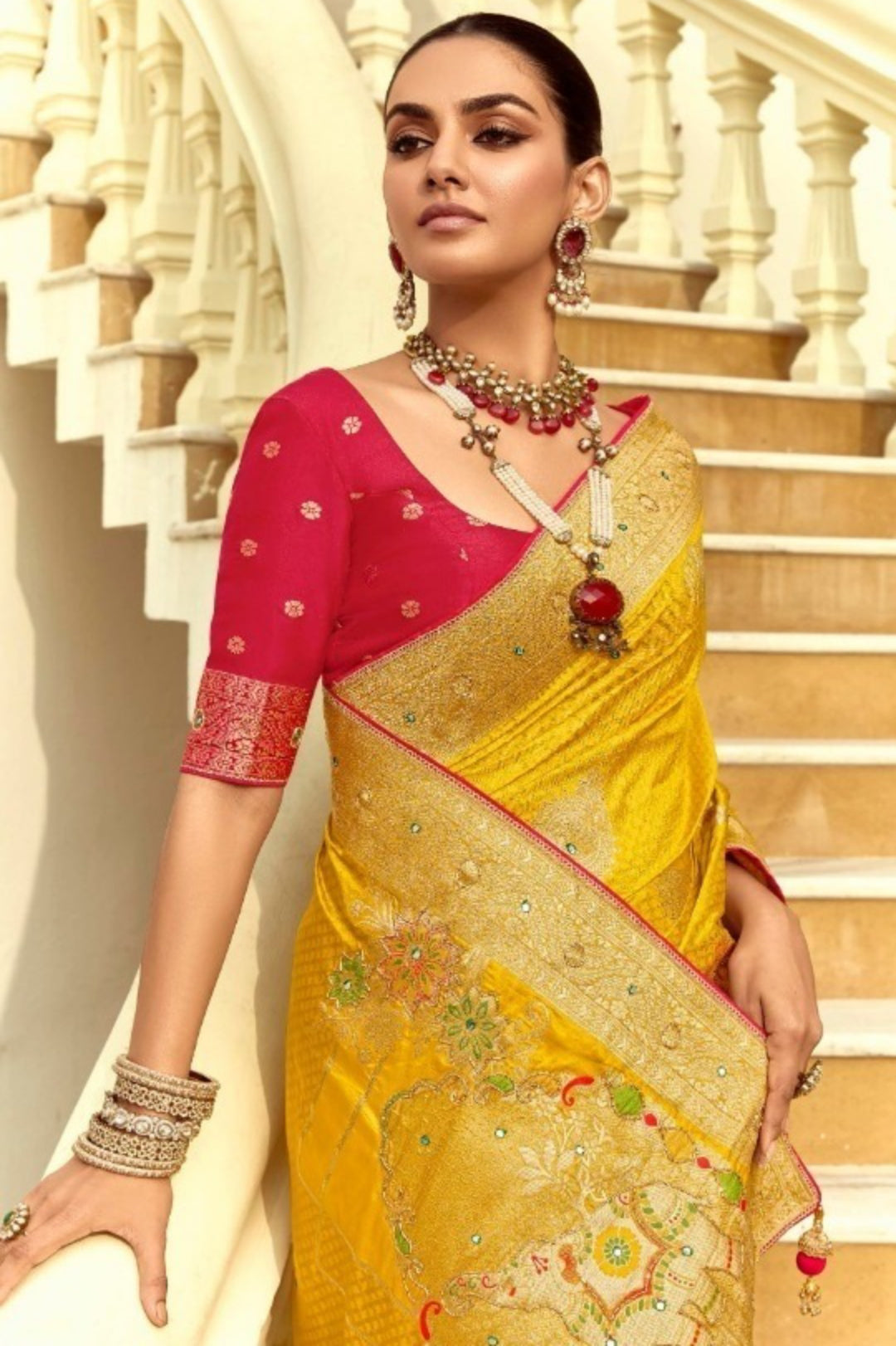Sculpted Mustard And Pink Silk Banarasi Silk Saree