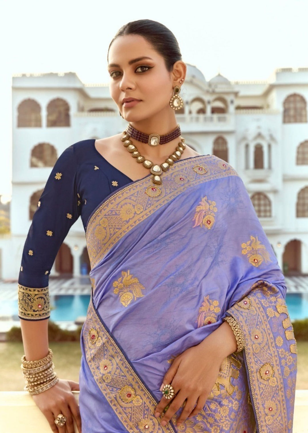 Enchanting Lilac And Navy Blue Silk Banarasi Silk Saree