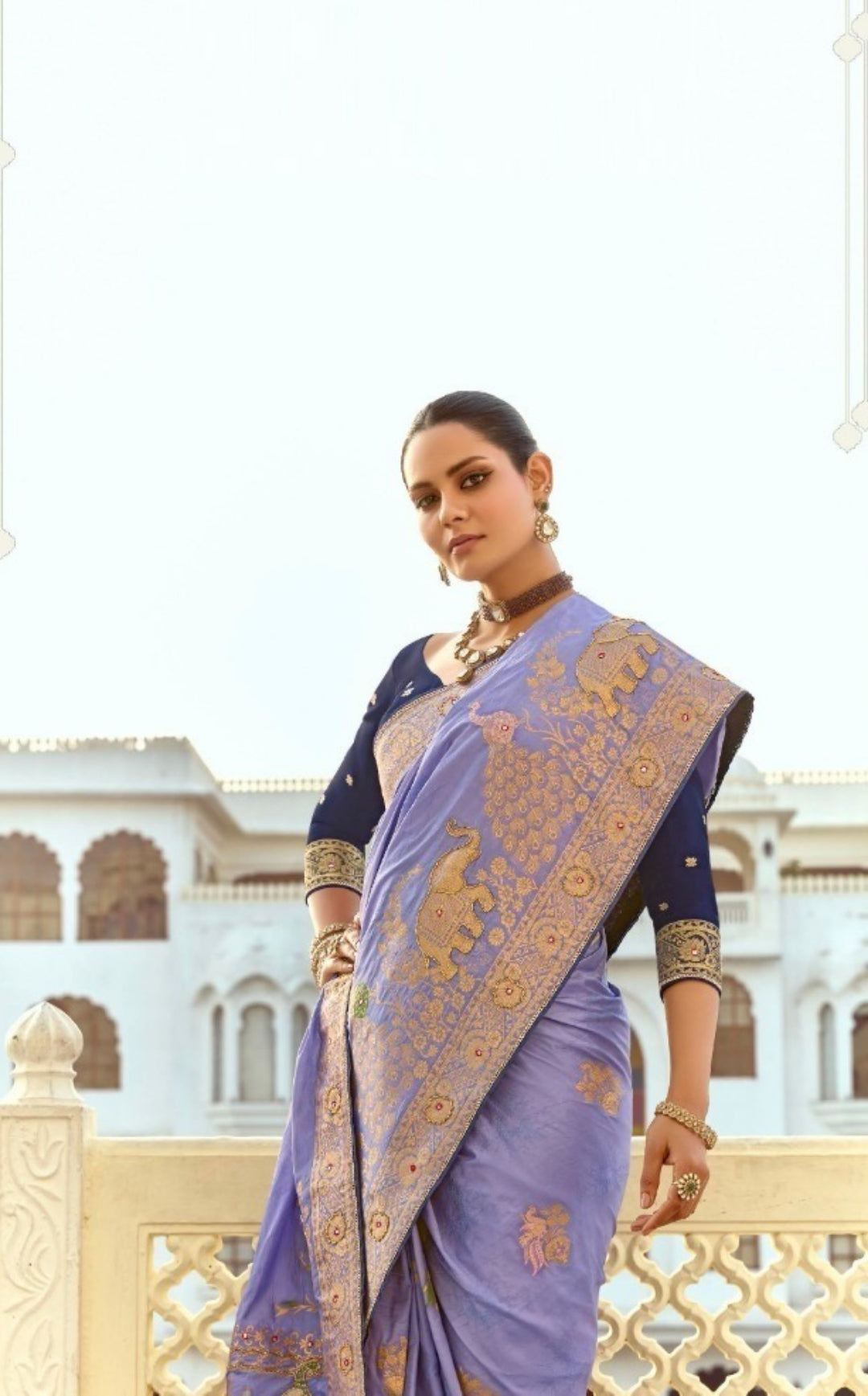 Enchanting Lilac And Navy Blue Silk Banarasi Silk Saree