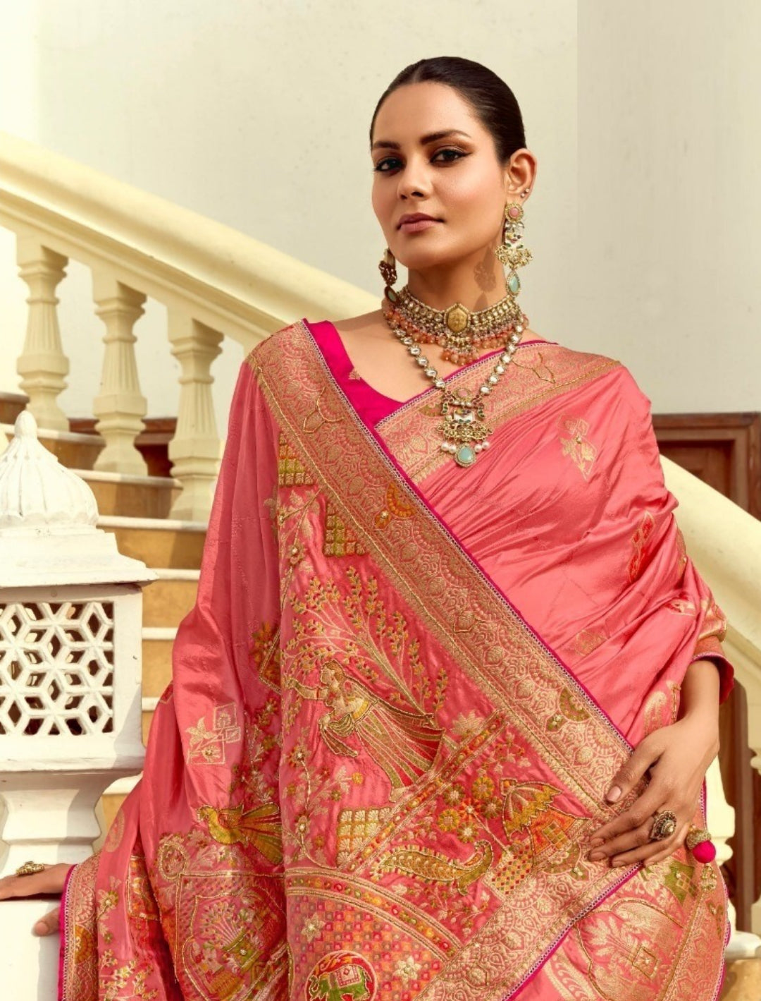 Effortless Coral Silk Banarasi Silk Saree
