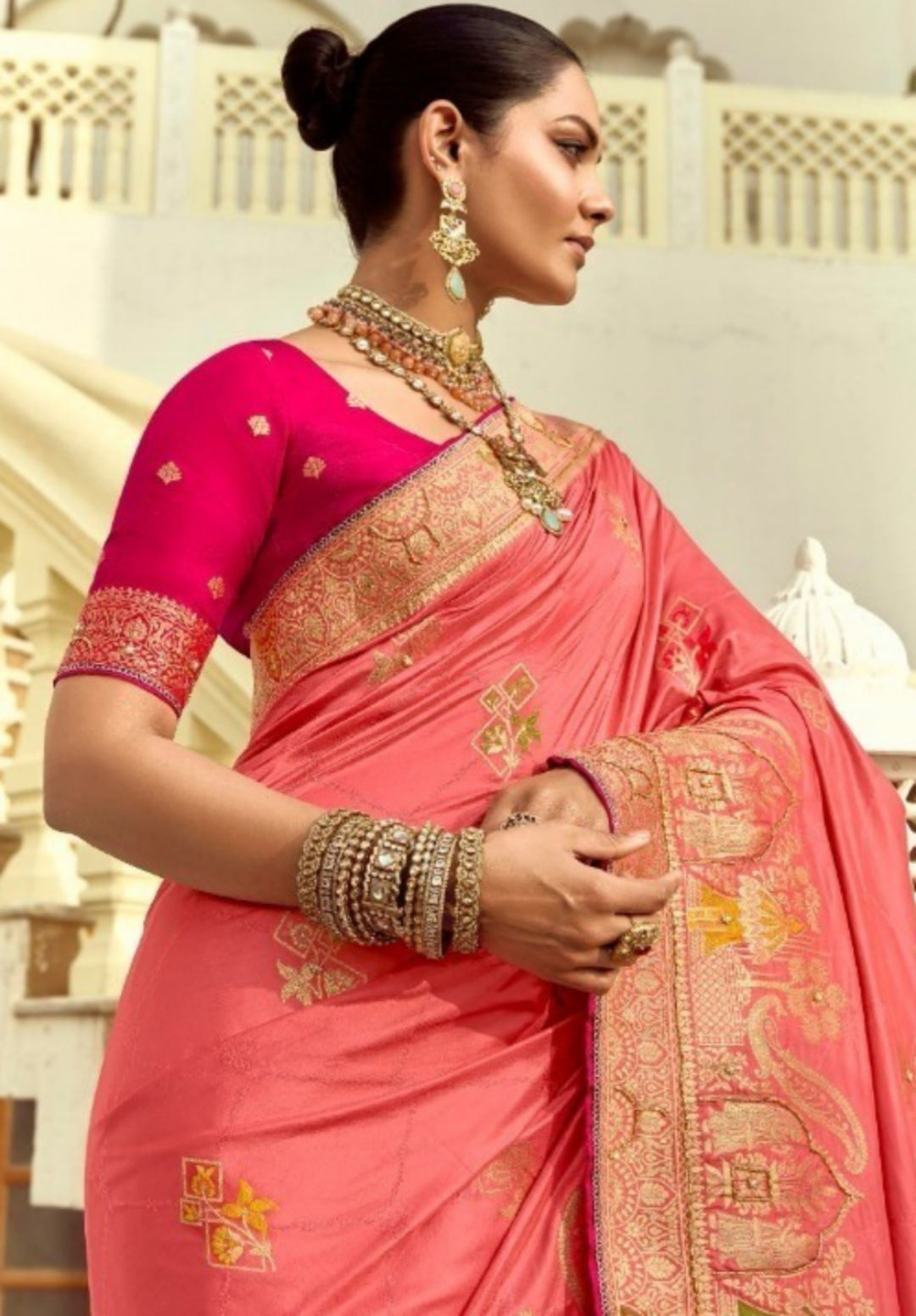 Effortless Coral Silk Banarasi Silk Saree