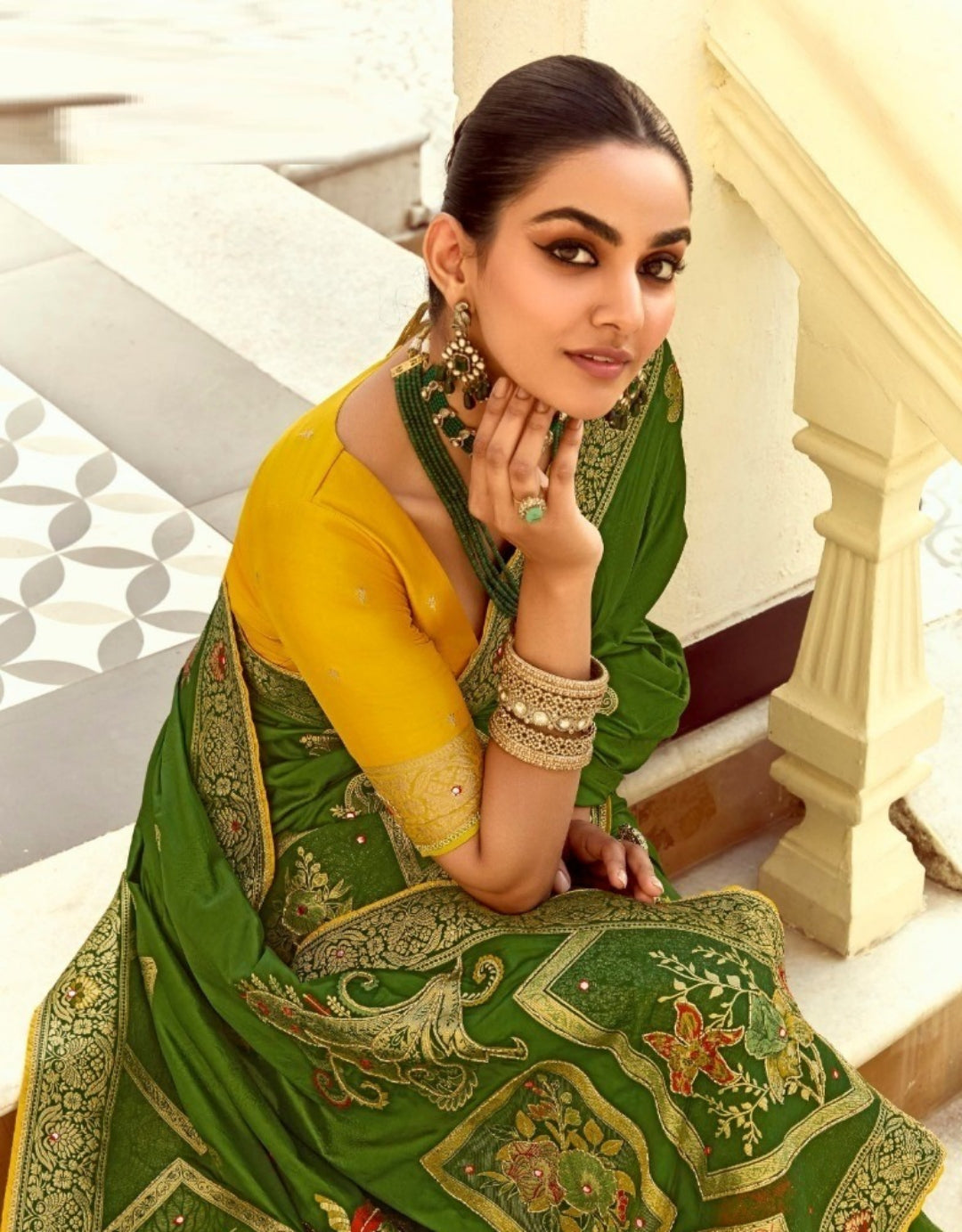 Flattering Green And Yellow Silk Banarasi Silk Saree