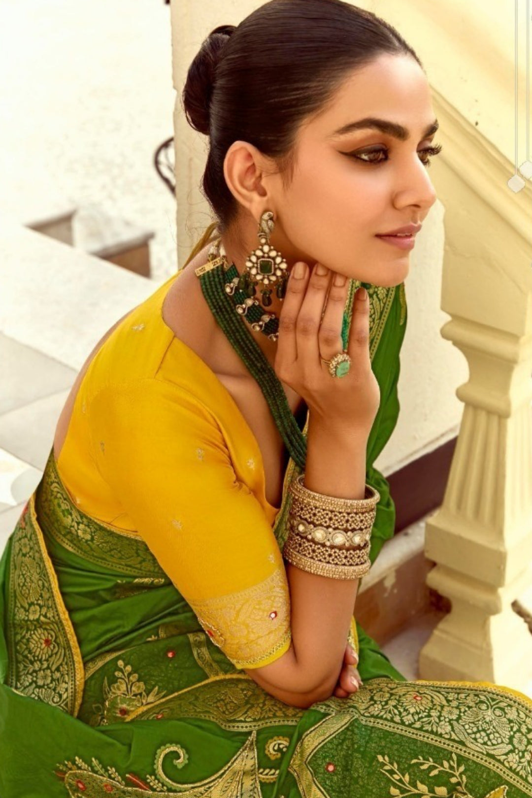 Flattering Green And Yellow Silk Banarasi Silk Saree