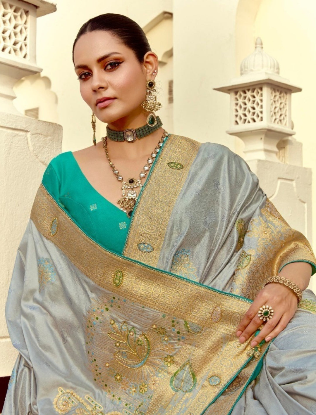 Sublime Steel Blue Silk Banarasi Silk Saree