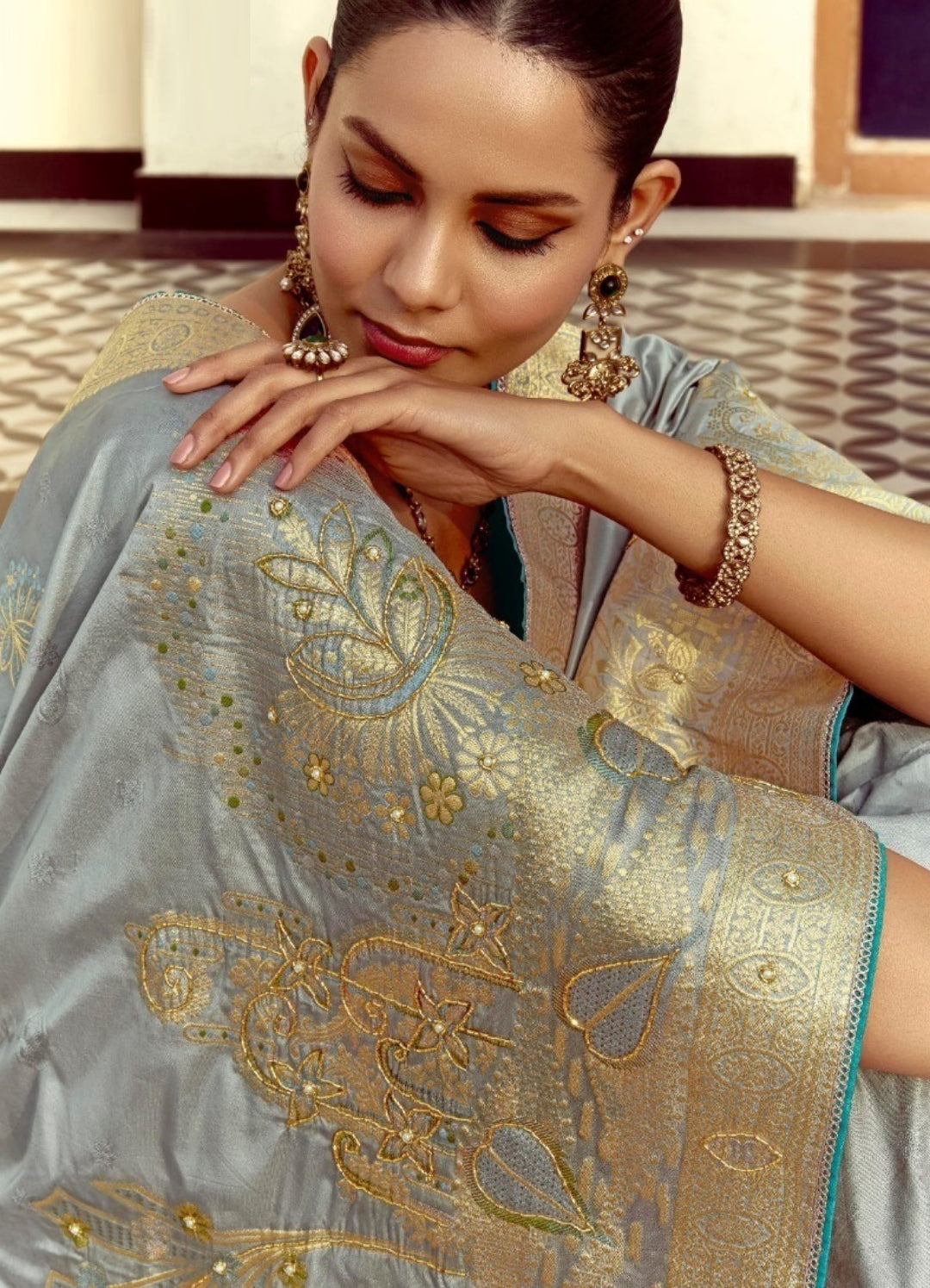 Sublime Steel Blue Silk Banarasi Silk Saree