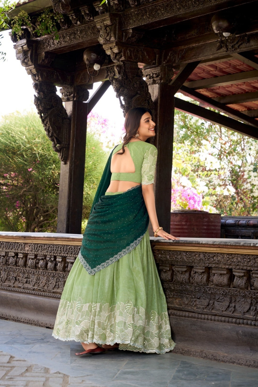 Elegant Pista Green Silk Glory Sequins And Thread Embroidery Work Stylish Lehenga