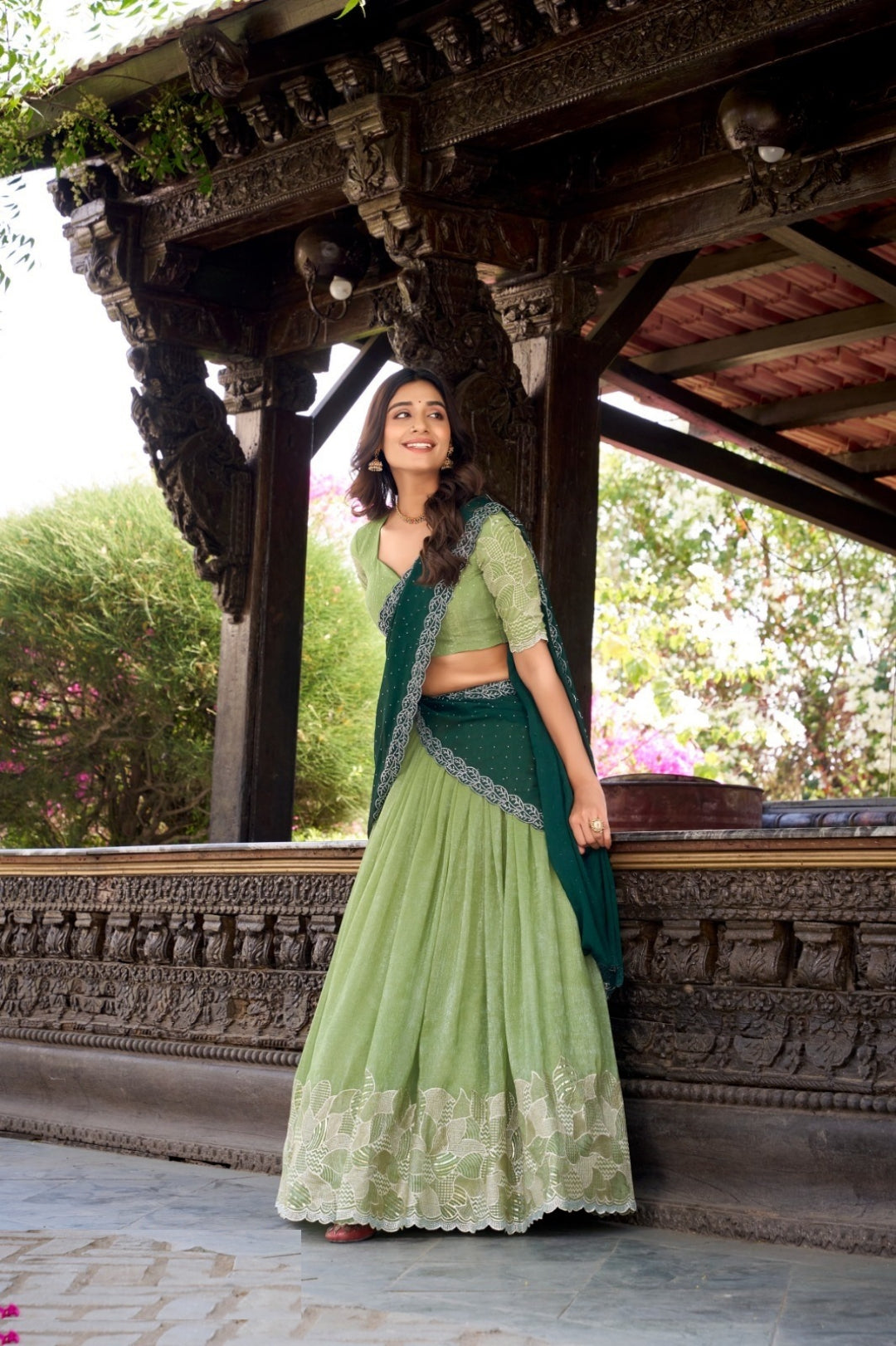 Elegant Pista Green Silk Glory Sequins And Thread Embroidery Work Stylish Lehenga