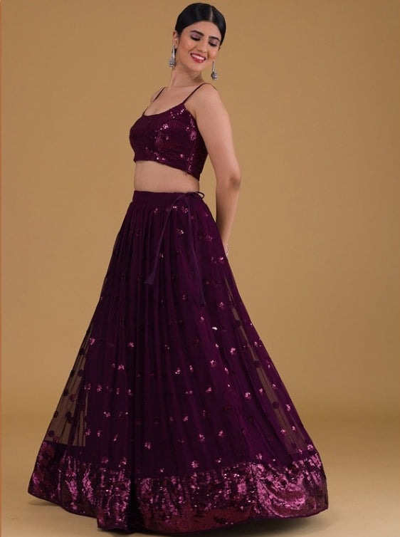 Women Purple Georgette Gliterring Lehenga