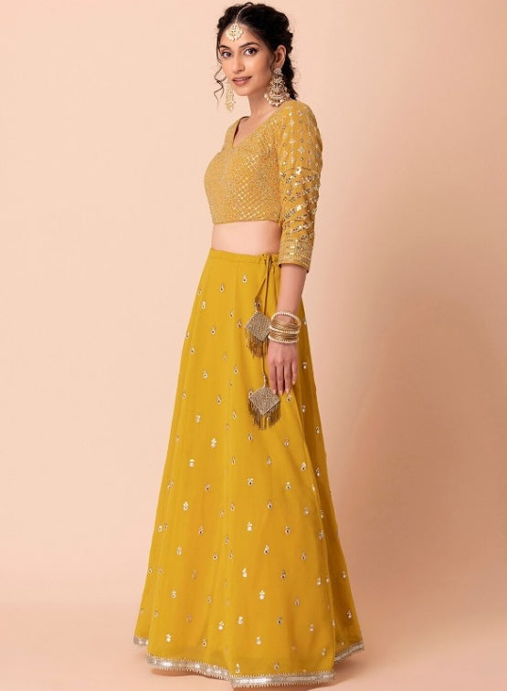 Women Yellow Georgette Gliterring Lehenga