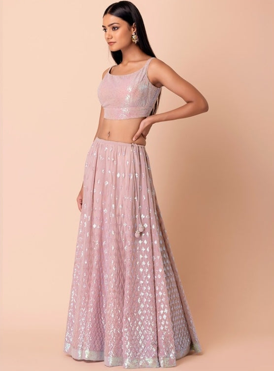 Women Pink Georgette Gliterring Lehenga