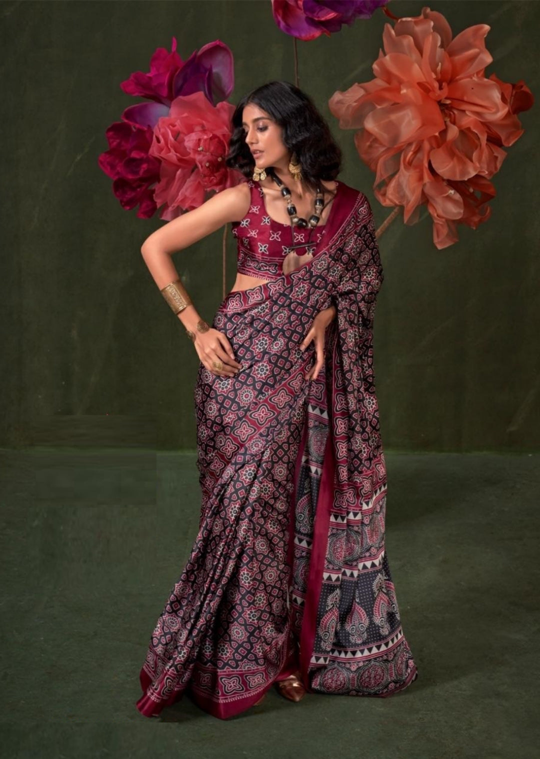 Women Black And Maroon Satin Crape With Ajrakh Print Saree