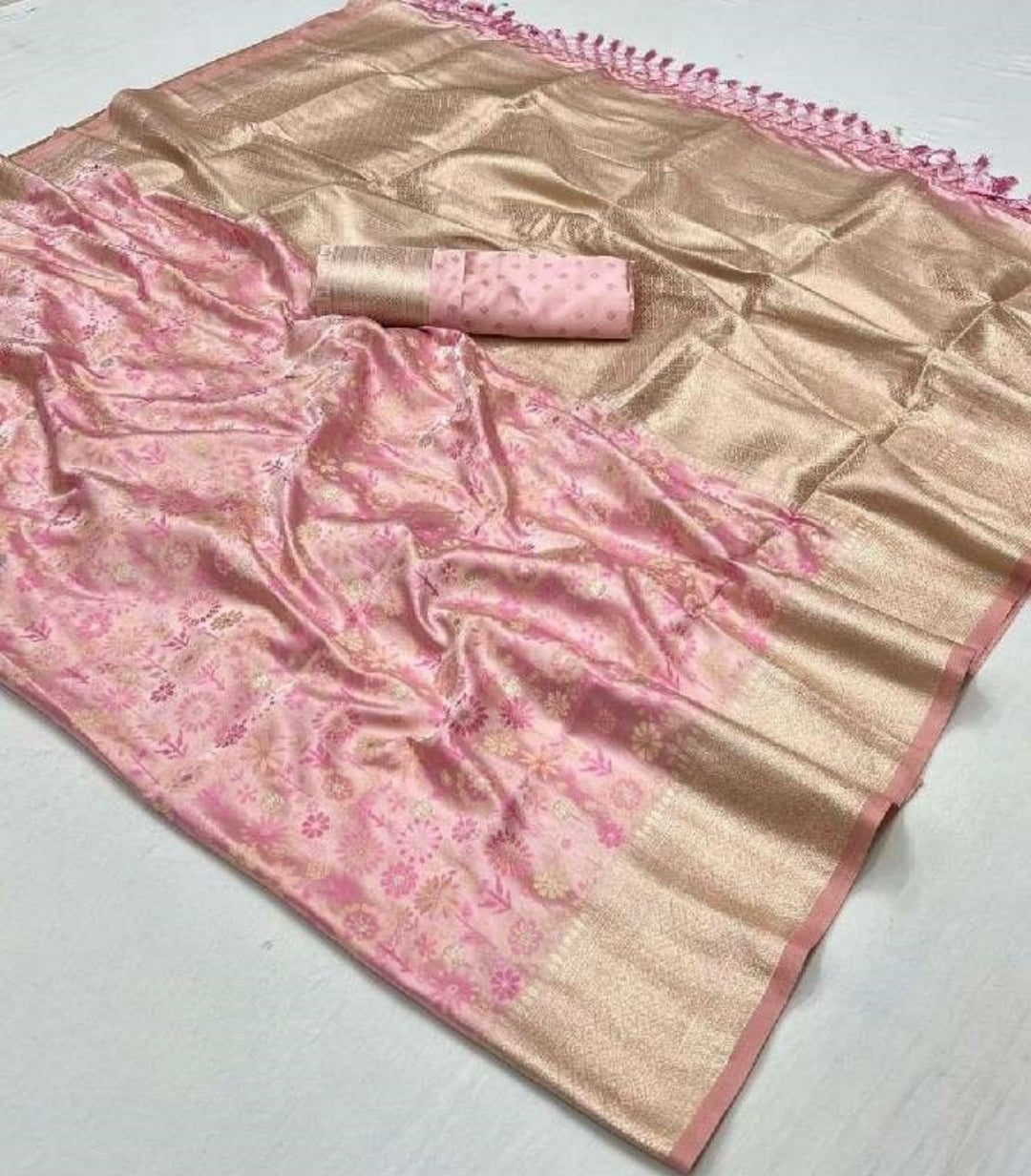 Women Light Pink Satin Handloom Weaving Silk Saree