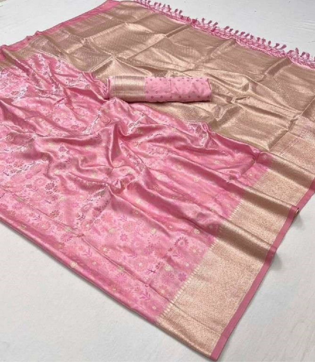Women Pink Satin Handloom Weaving Silk Saree