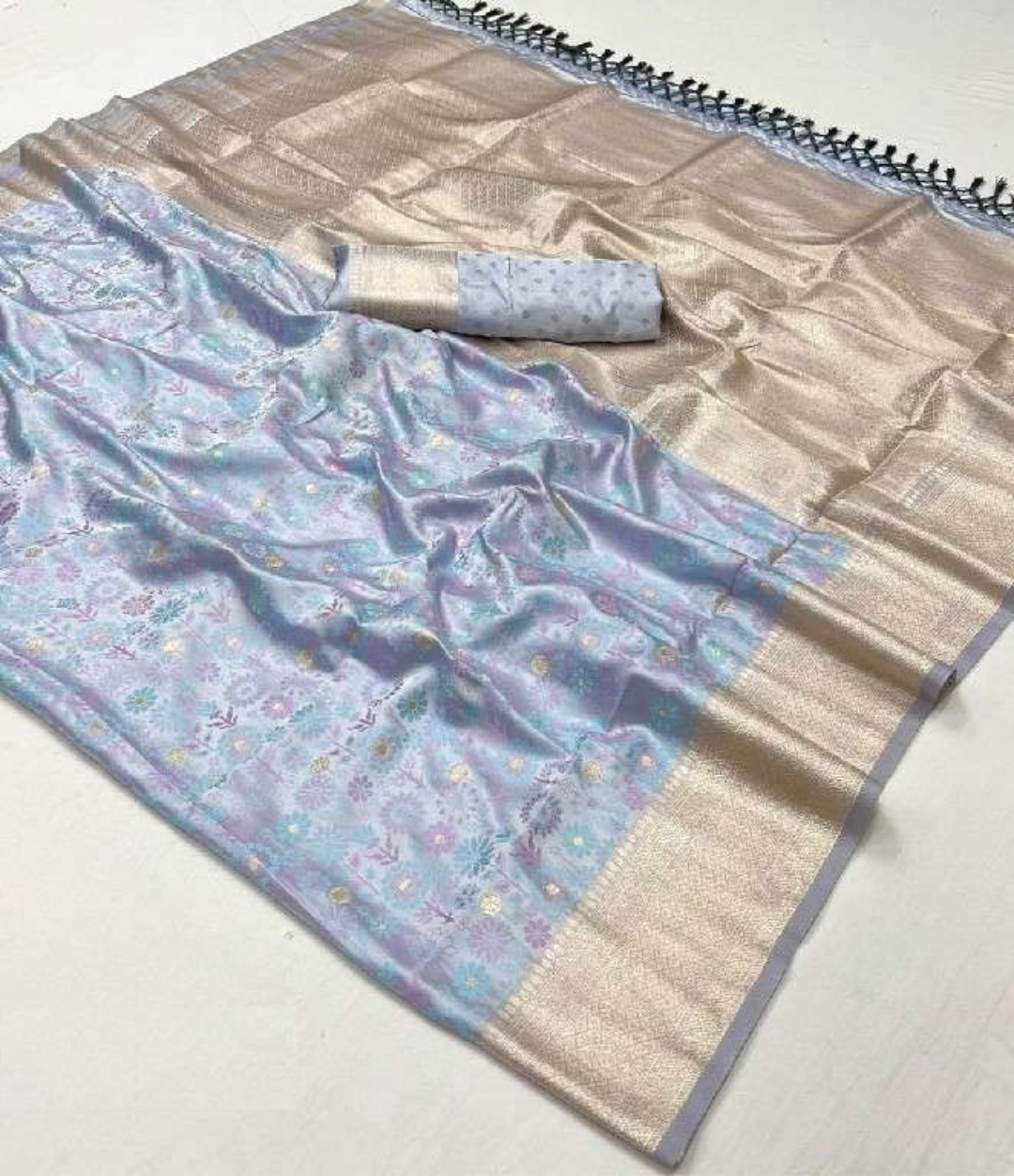 Women Sky Blue Satin Handloom Weaving Silk Saree
