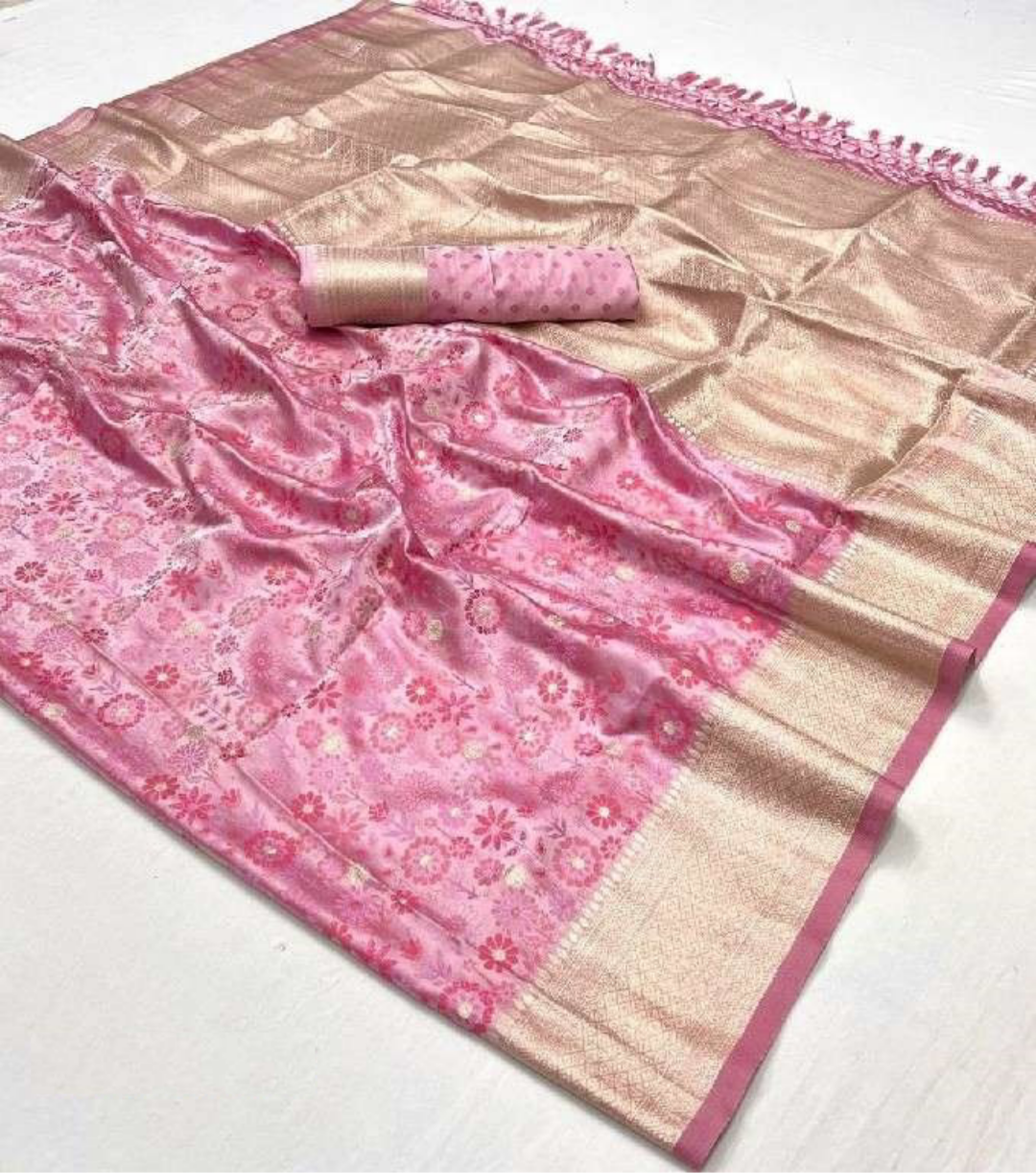 Women Baby Pink Satin Handloom Weaving Silk Saree