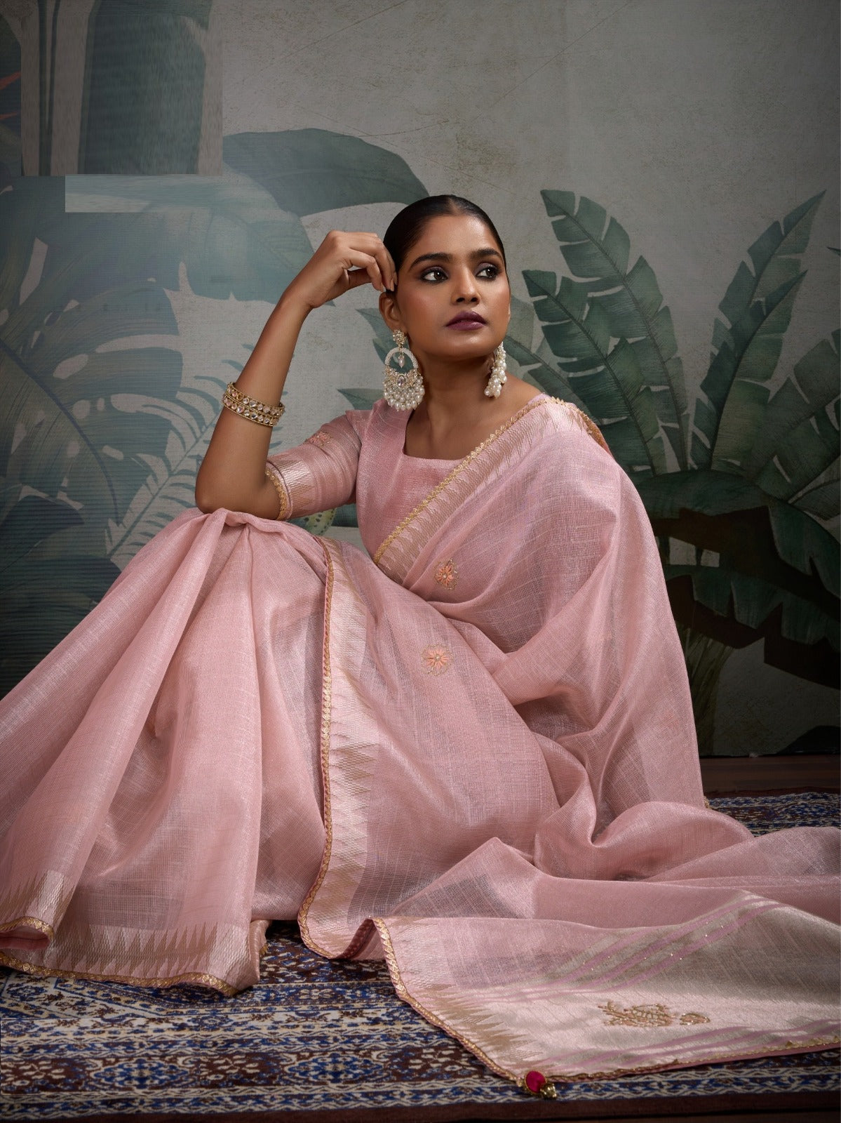 Women Baby Pink Linen Tissue Tissue Saree