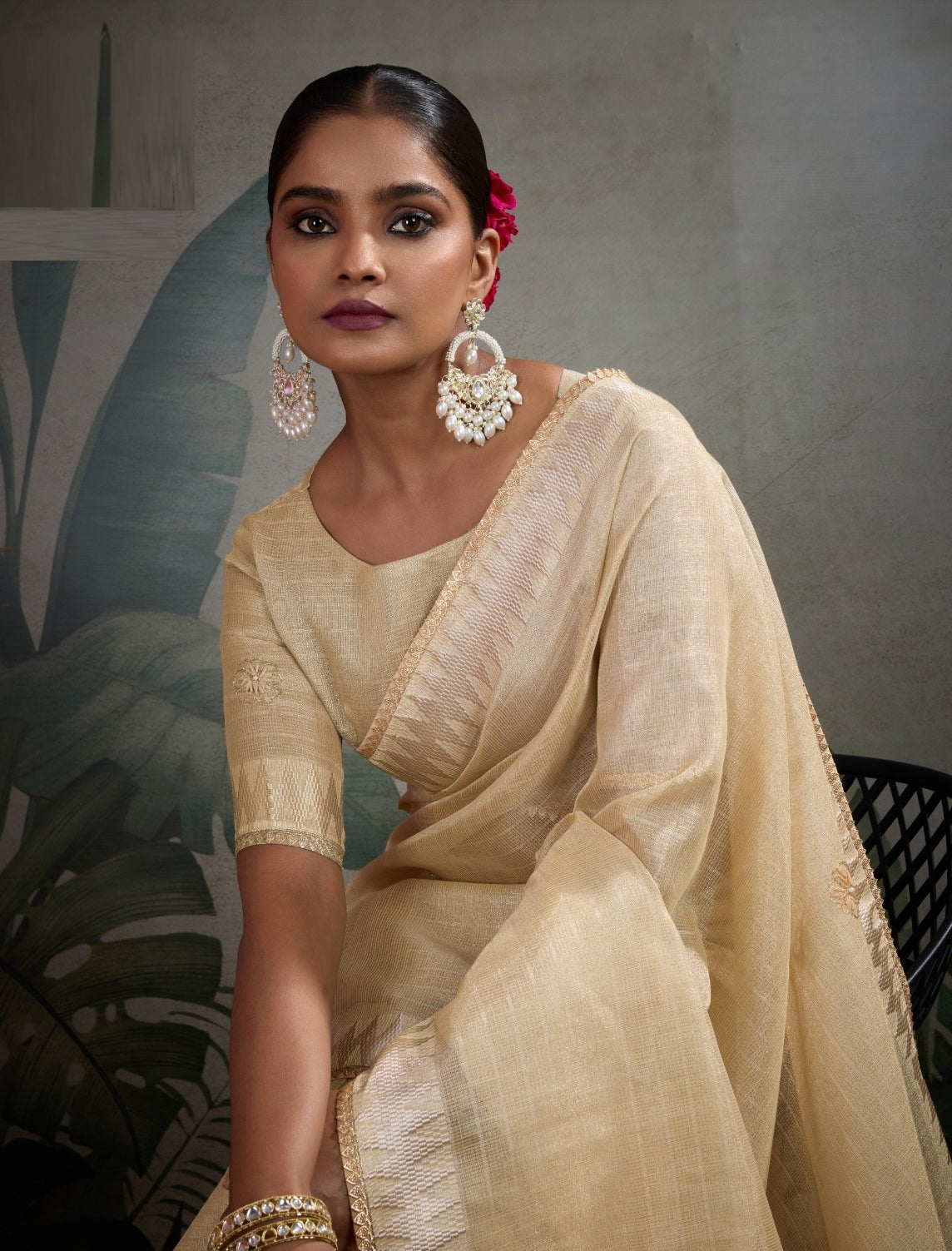Women Light Beige Linen Tissue Tissue Saree