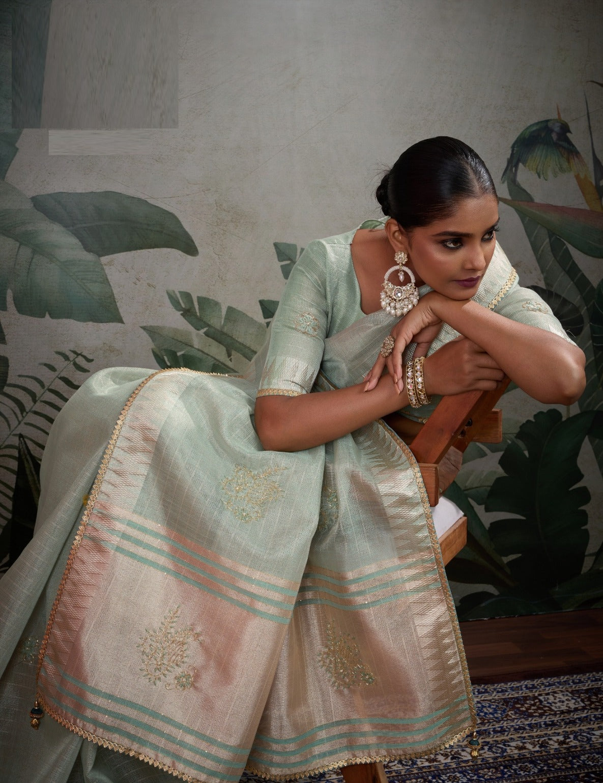 Women Sea Green Linen Tissue Tissue Saree