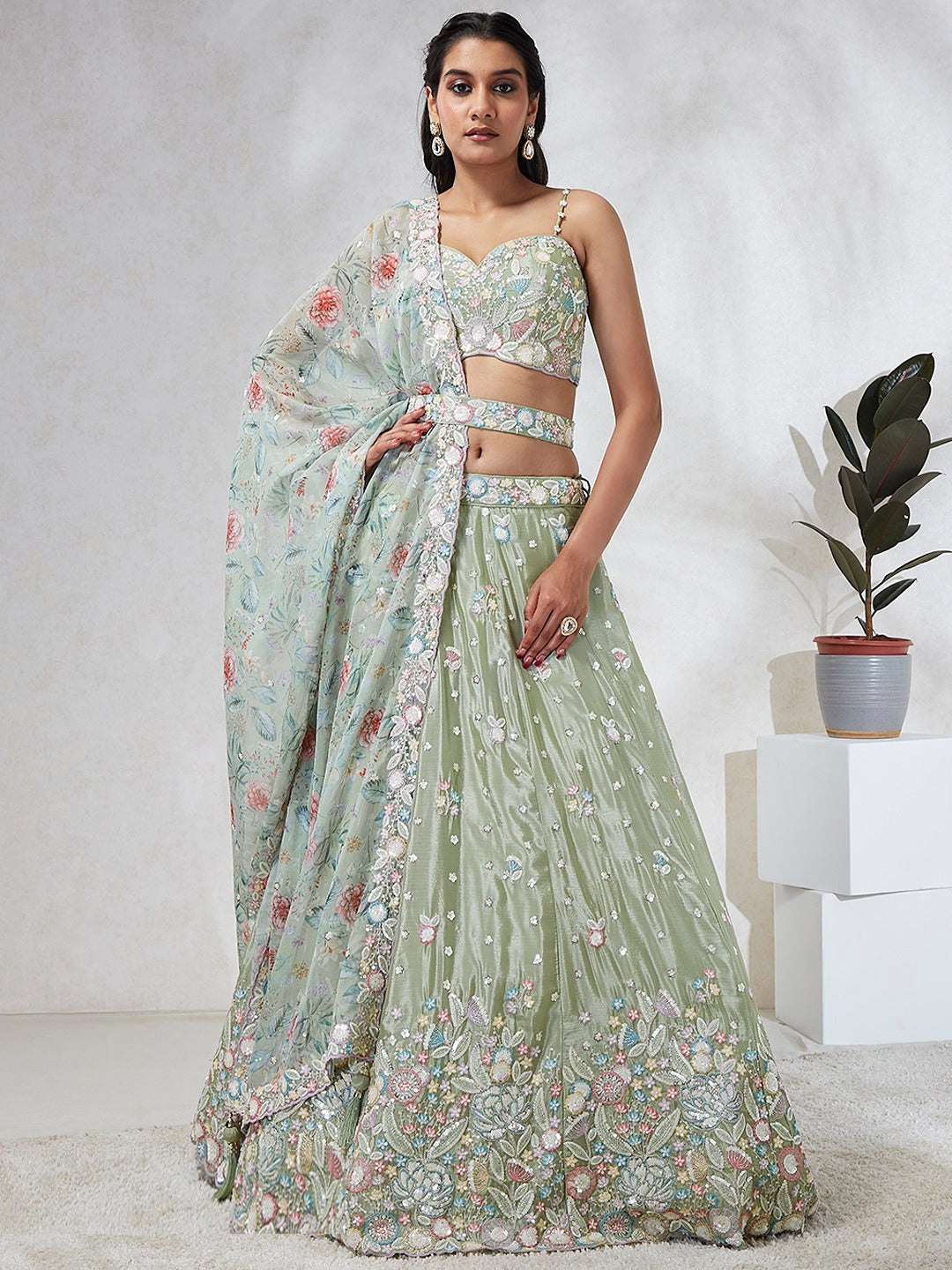 Sleek Lime Green Silk Chiffon Bridal Lehenga