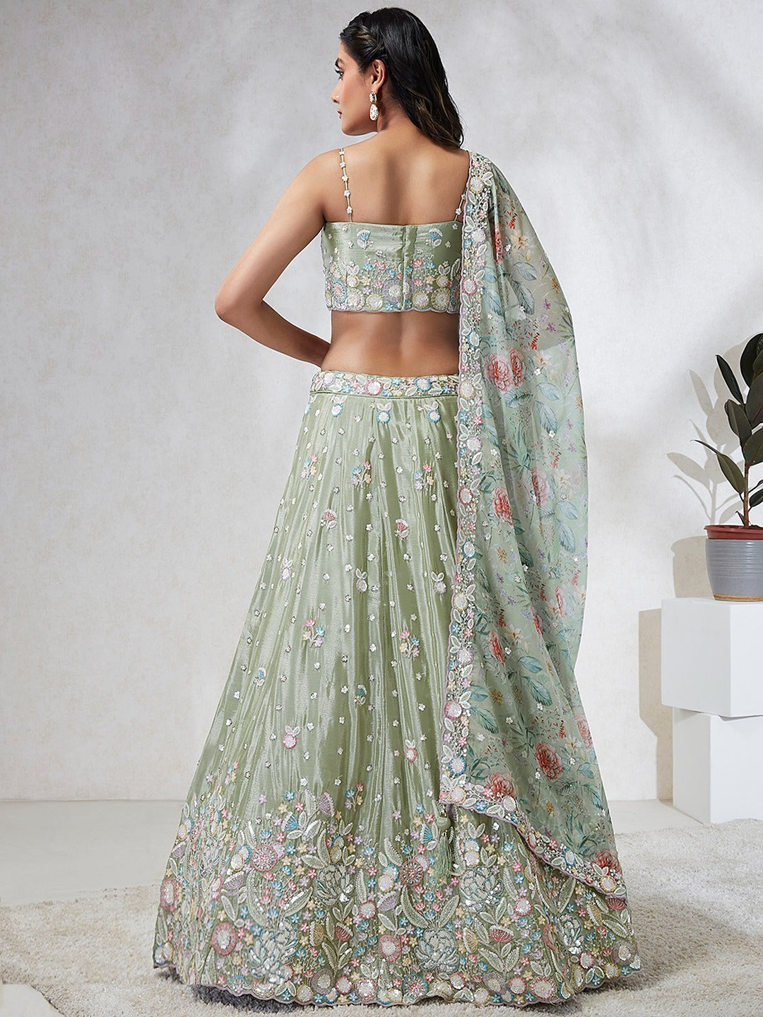 Sleek Lime Green Silk Chiffon Bridal Lehenga