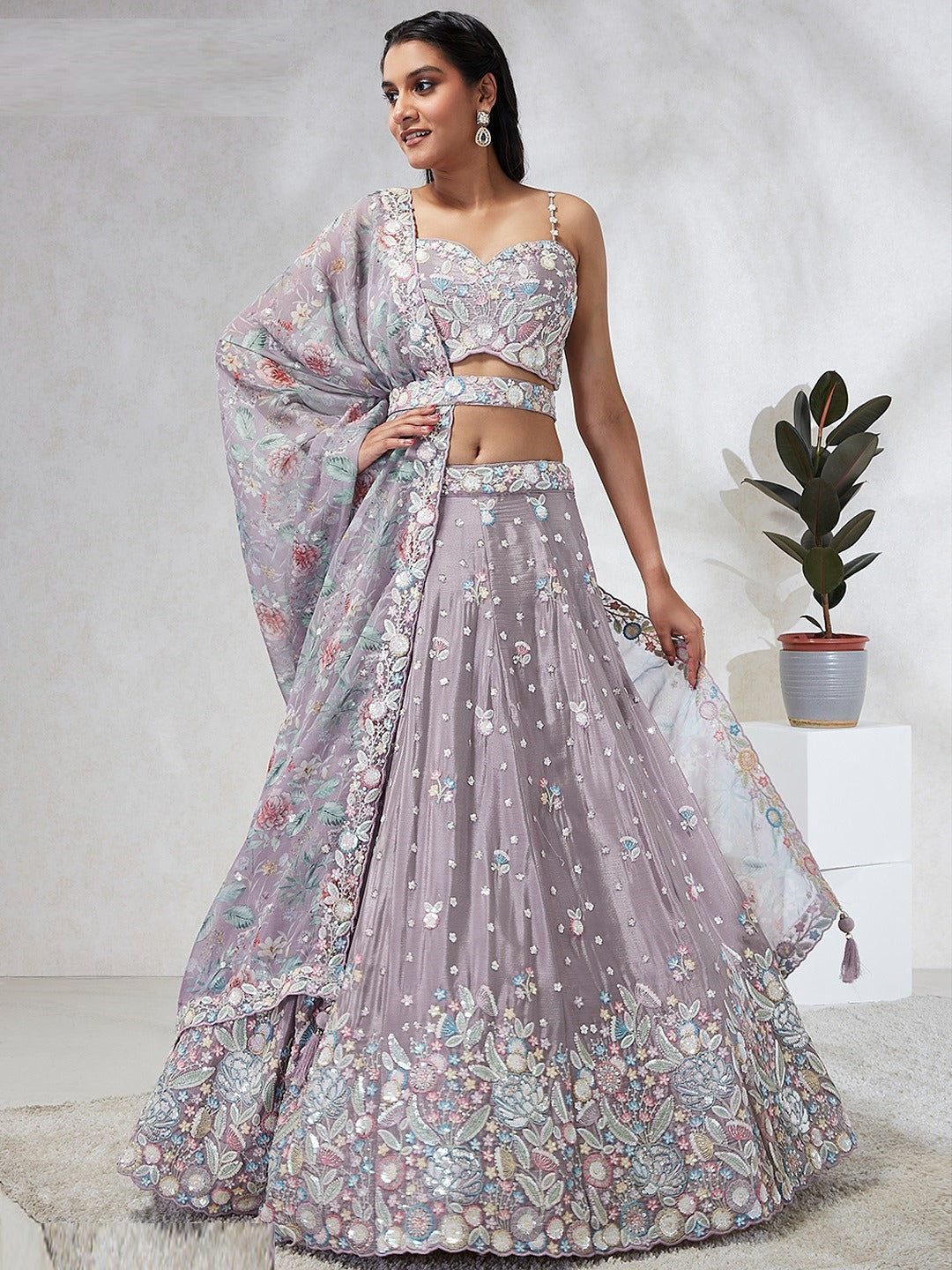 Exquisite Mauve Silk Chiffon Bridal Lehenga
