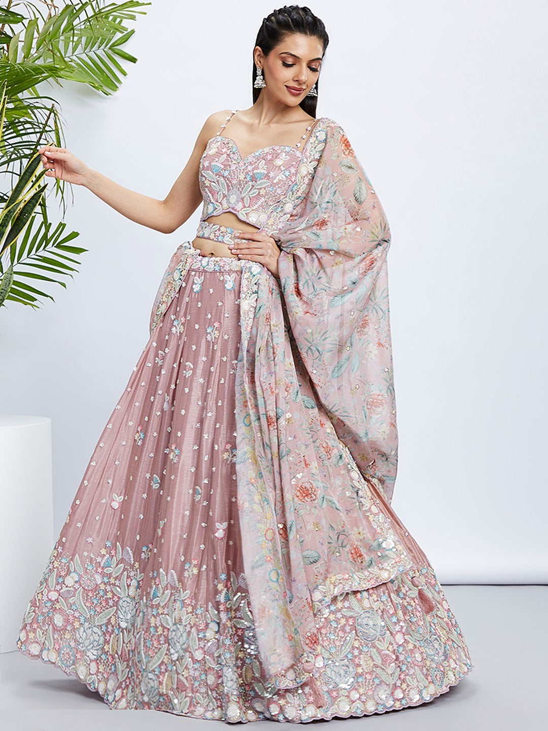 Vibrant Rose Gold Silk Chiffon Bridal Lehenga