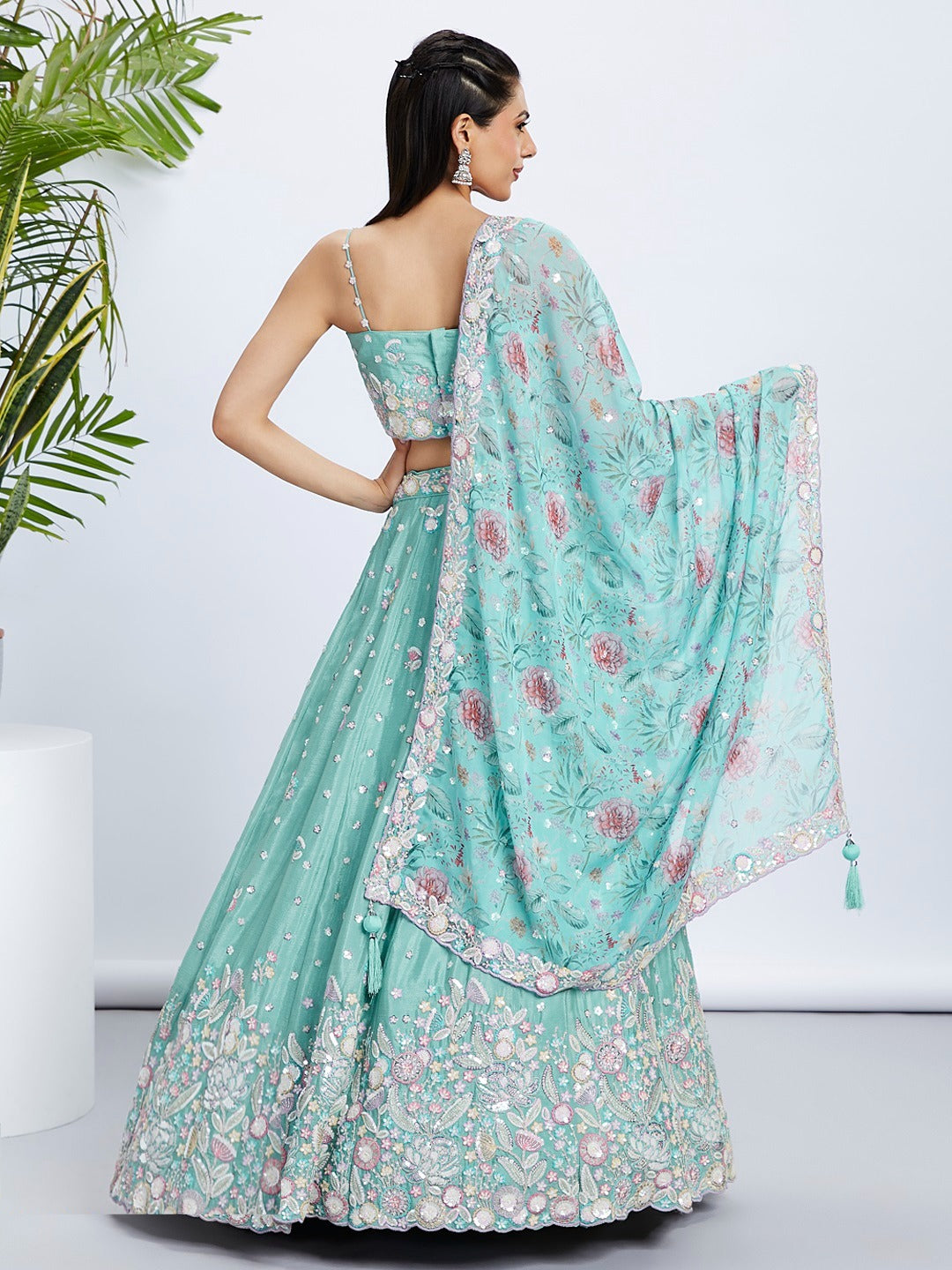Contemporary Sea Green Silk Chiffon Bridal Lehenga