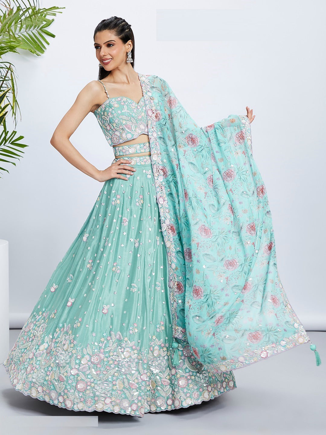 Contemporary Sea Green Silk Chiffon Bridal Lehenga