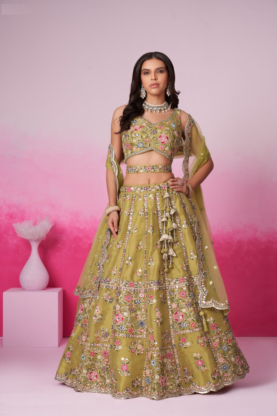 Glamorous Mustard Net With Embroidery Work Bridal Lehenga