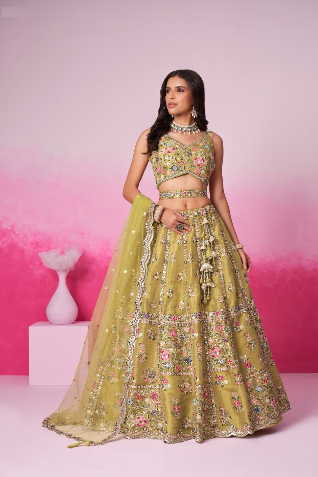 Glamorous Mustard Net With Embroidery Work Bridal Lehenga