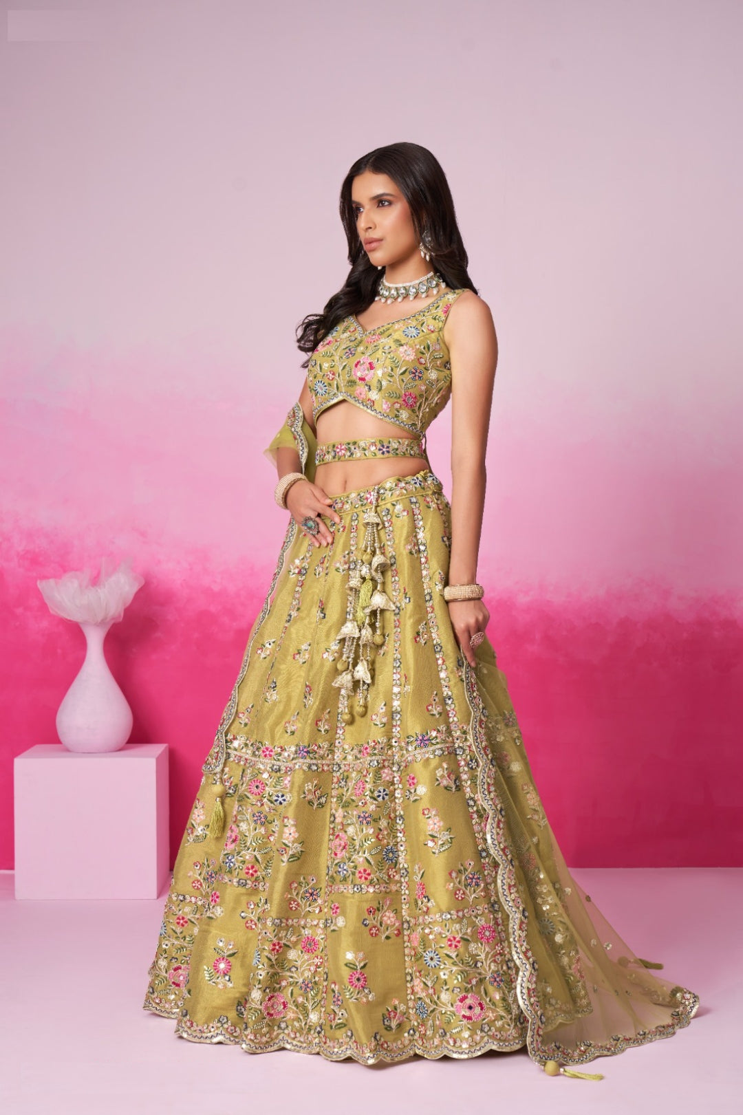 Glamorous Mustard Net With Embroidery Work Bridal Lehenga