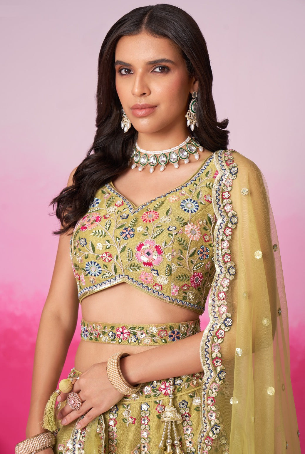 Glamorous Mustard Net With Embroidery Work Bridal Lehenga