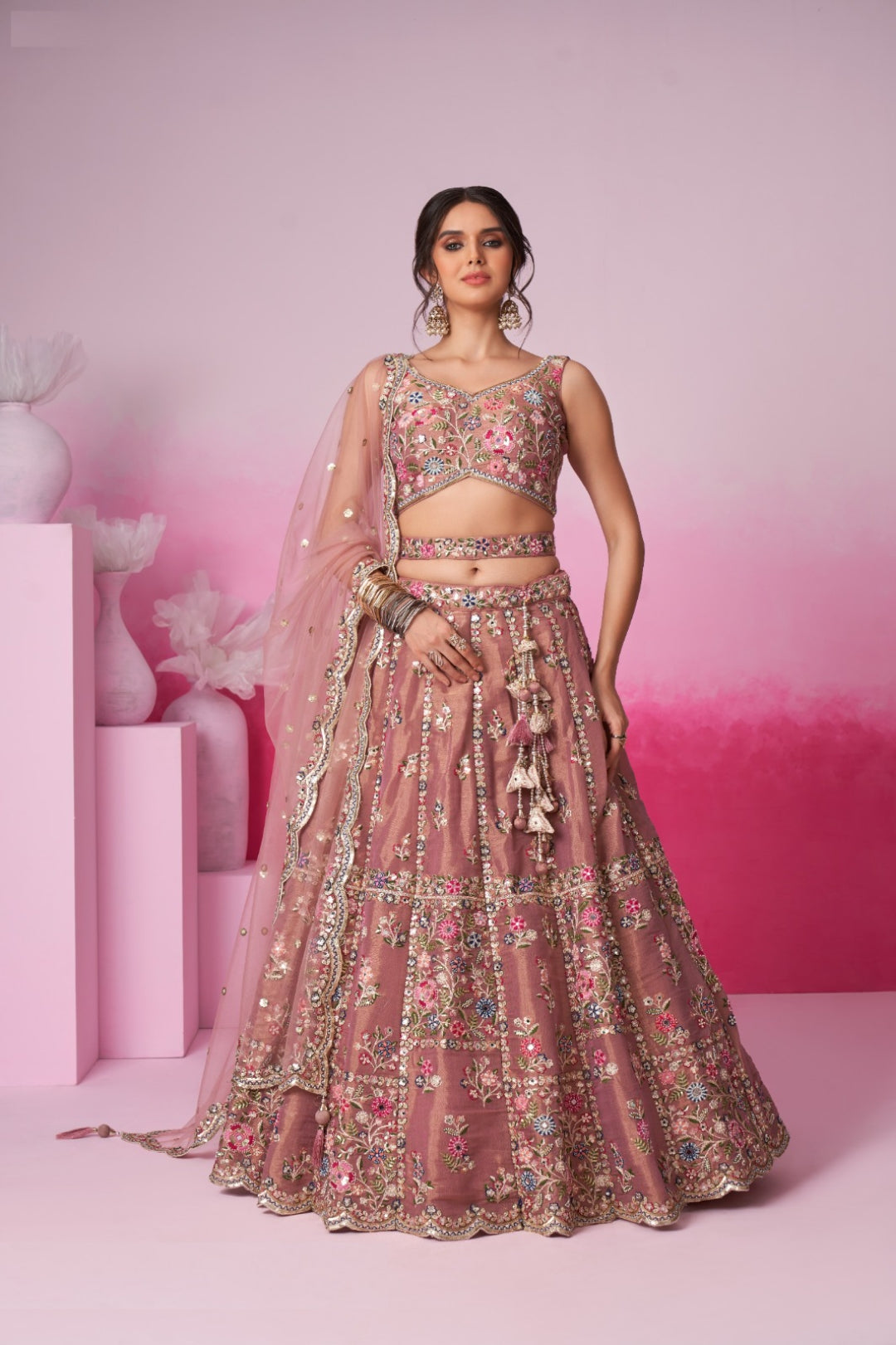 Classy Rose Gold Net With Embroidery Work Bridal Lehenga