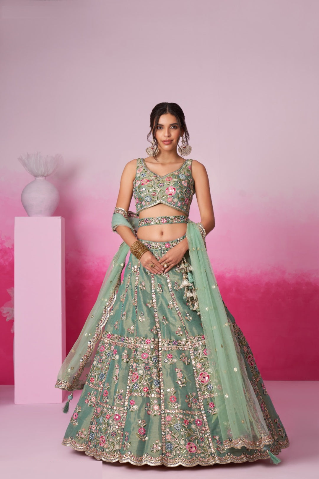 Stylish Sea Green Net With Embroidery Work Bridal Lehenga