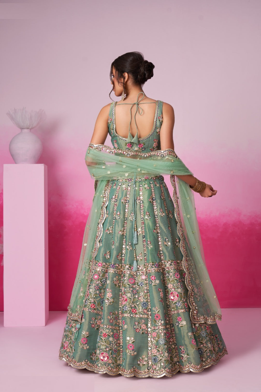 Stylish Sea Green Net With Embroidery Work Bridal Lehenga