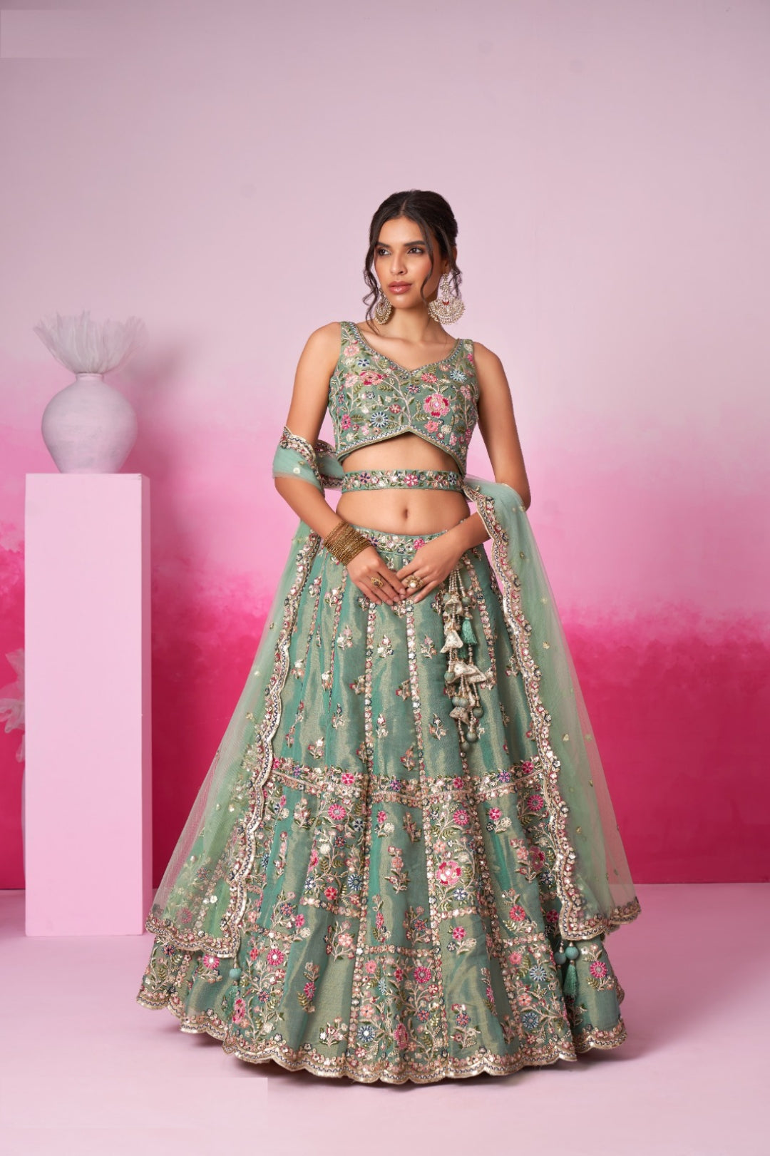 Stylish Sea Green Net With Embroidery Work Bridal Lehenga